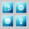 Set line Petrol or Gas station, Solar energy panel, and Light bulb with wind turbine icon. Vector