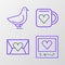 Set line Photo frames and hearts, Envelope with Valentine, Coffee cup and Dove icon. Vector