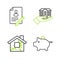 Set line Piggy bank, House, in hand and Document with shield icon. Vector