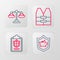 Set line Piggy bank with shield, Document, Life jacket and Scales of justice icon. Vector