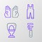 Set line Pipe adjustable wrench, Toilet bowl, Work overalls and Rubber gloves icon. Vector