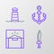 Set line Pirate sword, Antique treasure chest, Anchor and Lighthouse icon. Vector