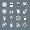 Set line Pizza, Glass with water, knife, Ice cream in waffle cone, Soda drink donut, Donut, and Coffee cup icon. Vector