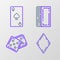 Set line Playing card with diamonds symbol, Game dice, Deck of playing cards and spades icon. Vector