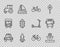 Set line Police car and flasher, Cargo ship, Bicycle, Rocket with fire, Tractor, Traffic light, and Bus icon. Vector
