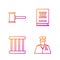 Set line Police officer, Prison window, Judge gavel and Law book. Gradient color icons. Vector