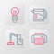 Set line Printer, Robotic robot arm hand factory, Electric kettle and Light bulb icon. Vector