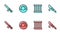 Set line Prison window, Police rubber baton, Donut and Bloody knife icon. Vector