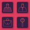 Set line Prisoner, Briefcase, Lawyer, attorney, jurist and Magnifying glass with search. Blue square button. Vector
