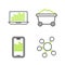 Set line Project team base, Mobile with graph, Coal mine trolley and Laptop chart icon. Vector