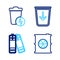 Set line Radioactive waste in barrel, Battery, Send to the trash and Lightning with can icon. Vector