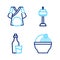 Set line Ramen, Soju bottle, N Seoul tower in South Korea and Kimono icon. Vector