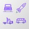 Set line Retro minivan, Delivery cargo truck vehicle, Rocket ship with fire and Car icon. Vector