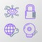 Set line Ringing alarm bell, Globe key, Safe combination lock and Eye scan icon. Vector