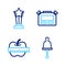 Set line Ringing bell, Apple and measuring tape, Stopwatch and Award cup icon. Vector