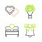 Set line Ringing bell, Bedroom, Bouquet of flowers and Two Linked Hearts icon. Vector