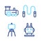 Set line Robot toy, Wood easel, Jump rope and Toy train icon. Vector