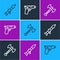 Set line Rocket launcher, War axe and Pistol or gun icon. Vector