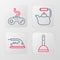 Set line Rubber plunger, Electric iron, Kettle with handle and Gamepad icon. Vector