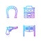 Set line Saloon door, Revolver gun, Horseshoe and Wild west saloon. Gradient color icons. Vector