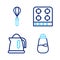 Set line Salt, Electric kettle, Gas stove and Kitchen whisk icon. Vector