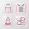 Set line Sauna slippers, Aroma candle, Bathrobe and bucket icon. Vector
