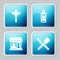 Set line Sausage on the fork, Ketchup bottle, Barbecue shopping building and Crossed knife and spatula icon. Vector