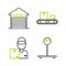 Set line Scale, Delivery man with cardboard boxes, Conveyor belt and Closed warehouse icon. Vector