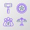 Set line Scales of justice, Money bag, Police badge and Judge gavel icon. Vector