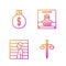 Set line Scales of justice, Suspect criminal, Money bag and Wanted poster. Gradient color icons. Vector