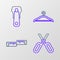 Set line Scissors, Tape measure, Hanger wardrobe and Zipper icon. Vector