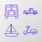 Set line Scooter, Yacht sailboat or sailing ship, Pickup truck and School Bus icon. Vector