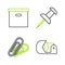 Set line Scotch, Paper clip, Push pin and Carton cardboard box icon. Vector