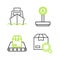 Set line Search package, Conveyor belt with box, Scale and Cargo ship boxes delivery icon. Vector