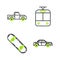 Set line Sedan car, Skateboard, Tram and railway and Pickup truck icon. Vector