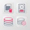 Set line Setting database server, Database, Hard disk drive HDD and Delete file document icon. Vector