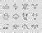 Set line Sheep, Head of goat or ram, Turtle, head, Shark fin in ocean wave, Puffer fish, Horse and Cow icon. Vector