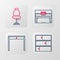 Set line Shelf, Wooden table, Grand piano and Office chair icon. Vector