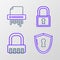 Set line Shield with keyhole, Safe combination lock, Lock and Paper shredder confidential icon. Vector