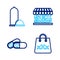 Set line Shopping bag with triple X, Pills for potency, Sex shop building and Condoms safe sex icon. Vector