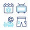 Set line Shorts for playing football, Football shoes, match on TV and soccer calendar icon. Vector