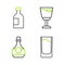 Set line Shot glass, Bottle of cognac or brandy, Wine and Glass bottle vodka icon. Vector