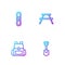 Set line Shovel, Hiking backpack, Climber rope and Picnic table with benches. Gradient color icons. Vector