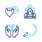 Set line Sickle, Plant in hand, Farmer the hat and Seed icon. Vector