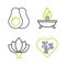 Set line Sleepy, Lotus flower, Aroma candle and Avocado fruit icon. Vector