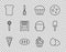 Set line Slice of pizza, Chicken egg, Muffin, Bread loaf, toast, Oven, Cupcake and Spatula icon. Vector