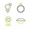 Set line Smiling lips, Location with heart, Diamond engagement ring and Gender icon. Vector