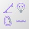 Set line Snowboard, Carabiner, Parachute and Skateboard icon. Vector