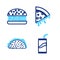 Set line Soda can with drinking straw, Taco tortilla, Slice of pizza and Burger icon. Vector