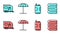 Set line Soda can, Rv Camping trailer, Sun protective umbrella for beach and Towel stack icon. Vector